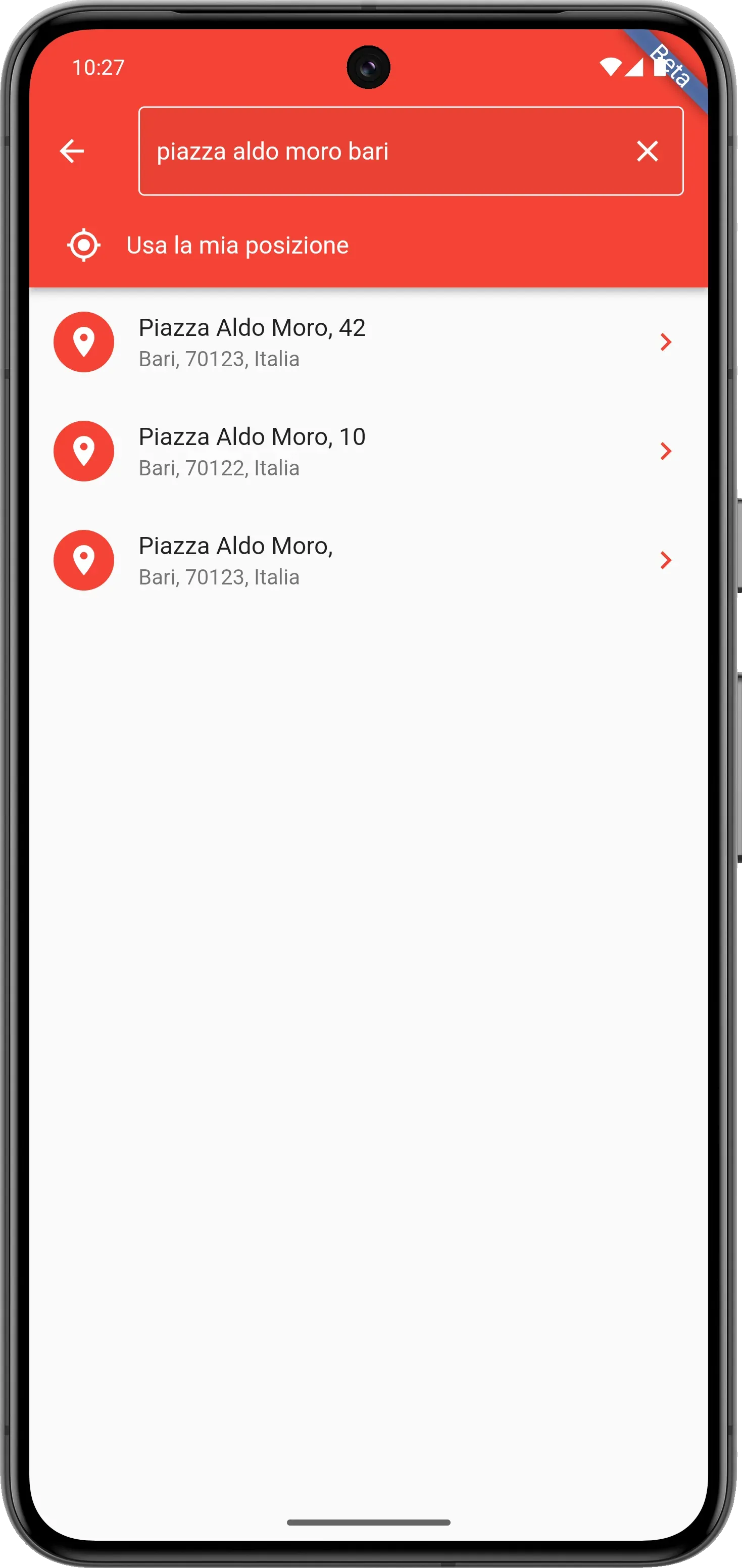 Pianificazione itinerario: schermata di selezione destinazione
