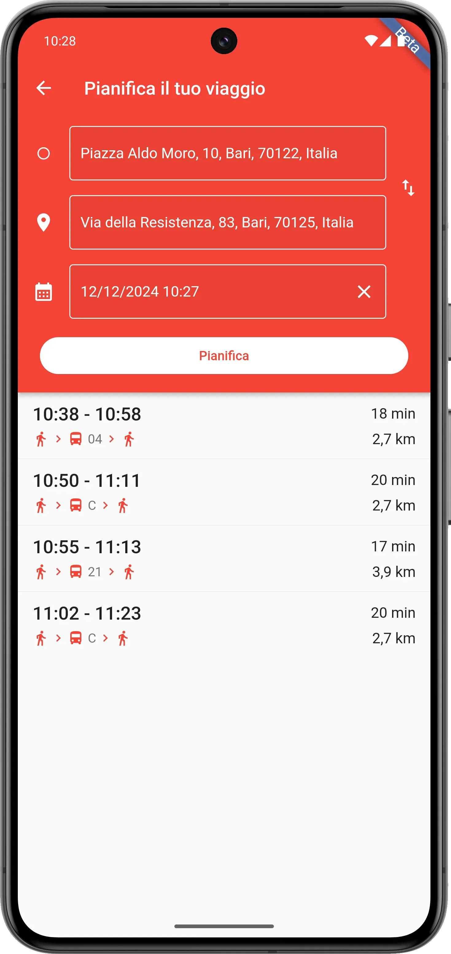 Pianificazione itinerario: schermata di selezione partenza